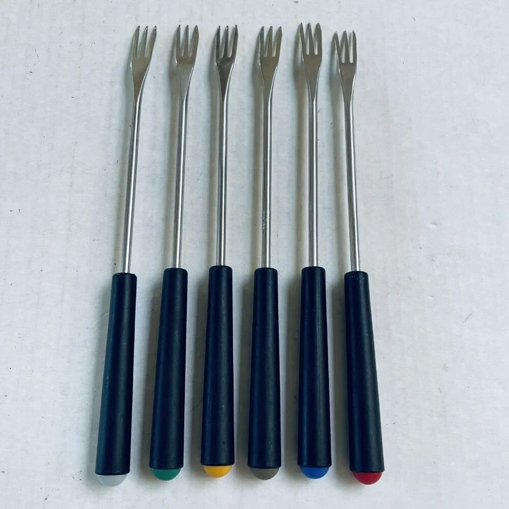 Vintage Set of 6 Stainless Steel Fondue Forks Black Handle Color Coded Retro